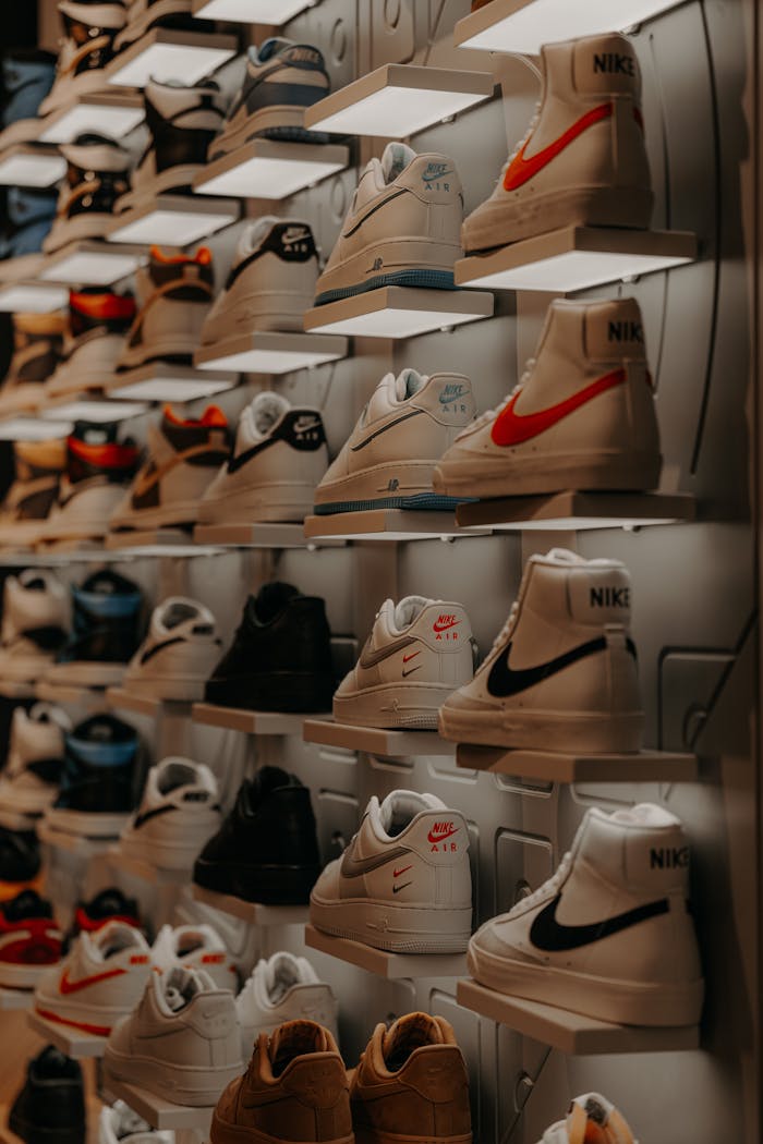 A trendy retail display showcasing various Nike sneakers in a stylish store setting.